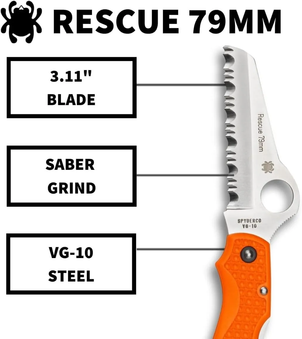 Spyderco Rescue 79mm Folding Pocket Knife with 3.09" VG-10 Steel Blade and Orange FRN Handle - SpyderEdge - C45SOR