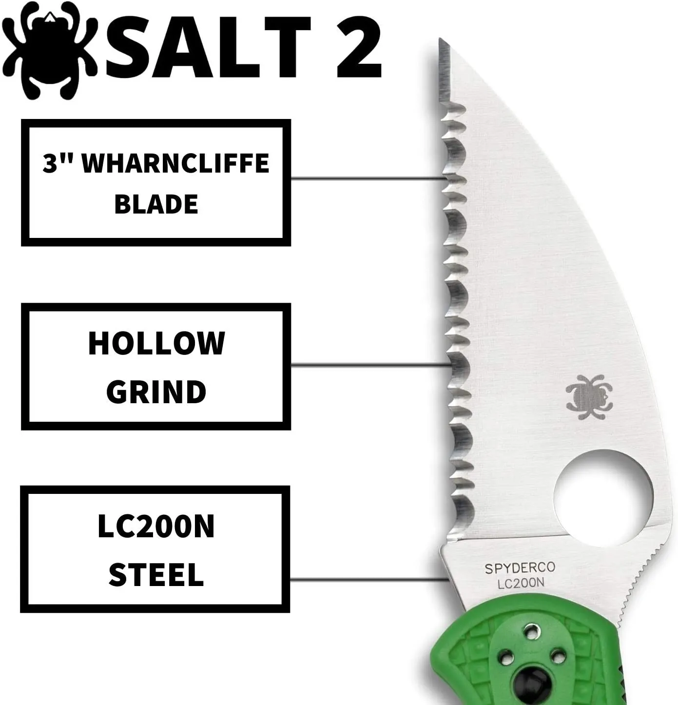 Spyderco Salt 2 Green LC200N Wharncliffe 3" Spyder Edge Folding Pocket Knife (C88FSWCGR2)