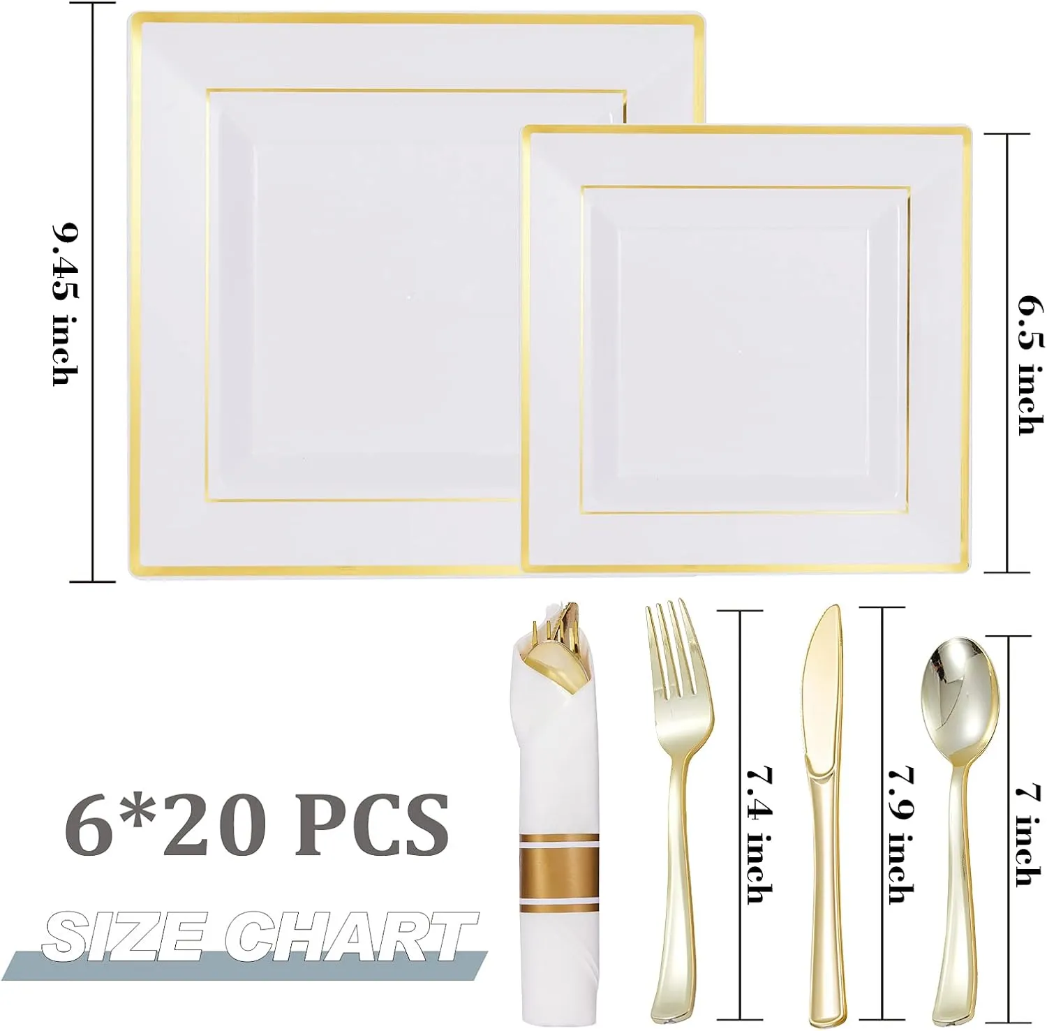 Square Plastic Plates&Silverware w/Per Rolled Napkin Set,Parties Plastic Dinnerware incl Dinner Plates,Salad Plate,Napkins,Disposable Cutlery, 20Guests