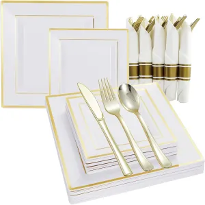 Square Plastic Plates&Silverware w/Per Rolled Napkin Set,Parties Plastic Dinnerware incl Dinner Plates,Salad Plate,Napkins,Disposable Cutlery, 20Guests