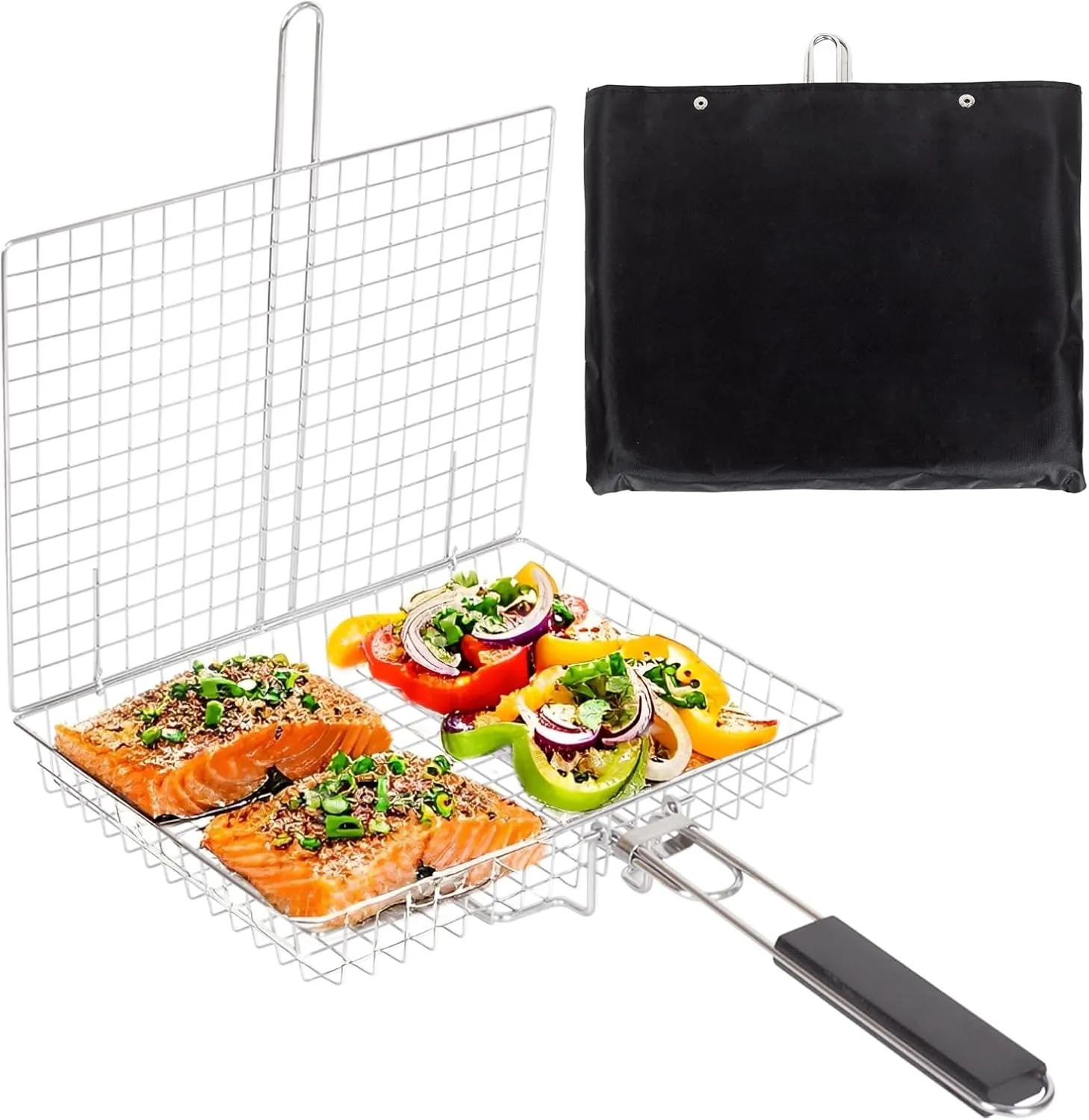 Stainless Steel Grill Basket – Large, Foldable BBQ Cooking Rack for Fish, Shrimp, Veggies – Portable Camping & Outdoor Grilling Accessory with Handle
