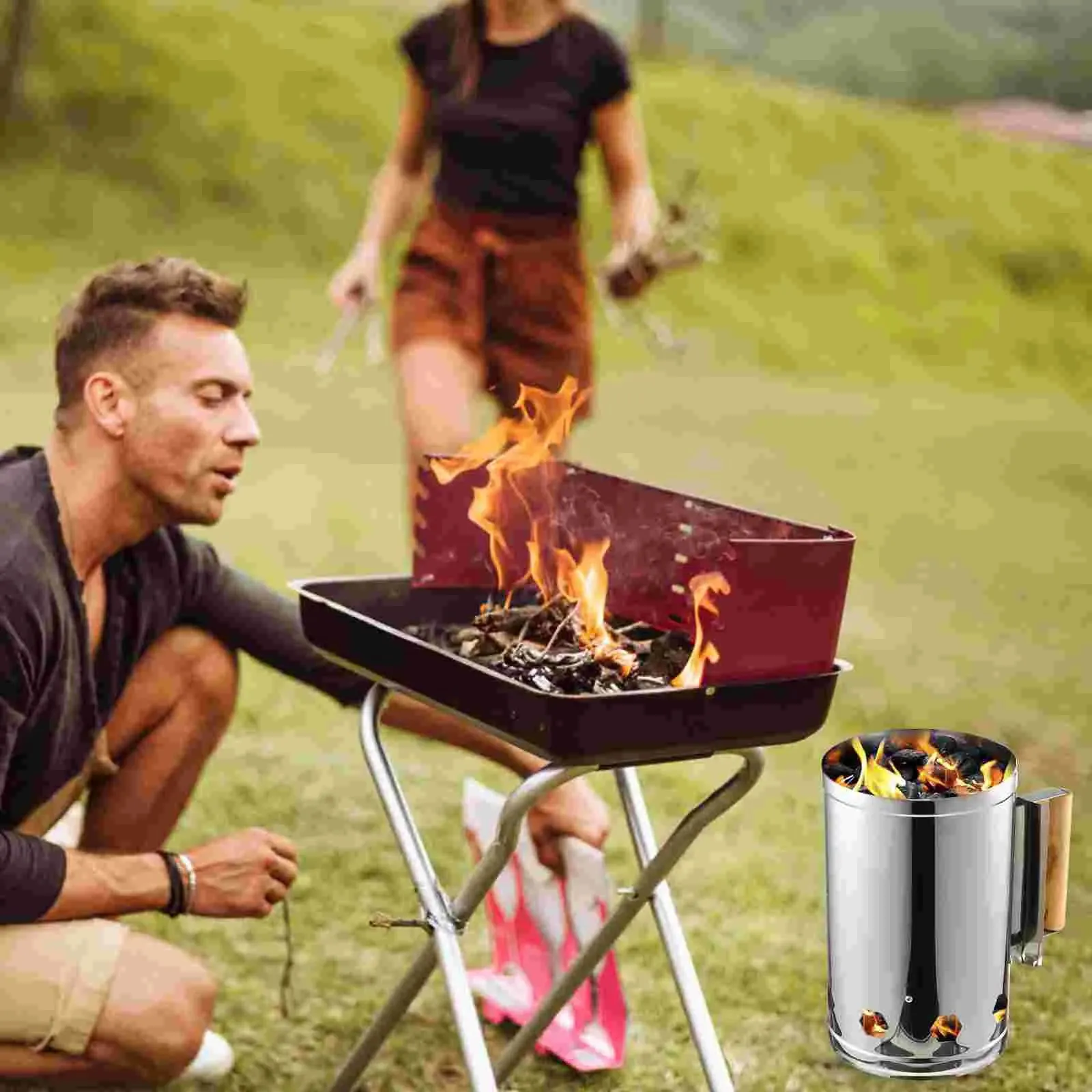 Starter Charcoal Chimney Fire BBQ Grill Tool - Outdoor Smoker Burner Ignition - Steel Stainless Camping Coal Lighter