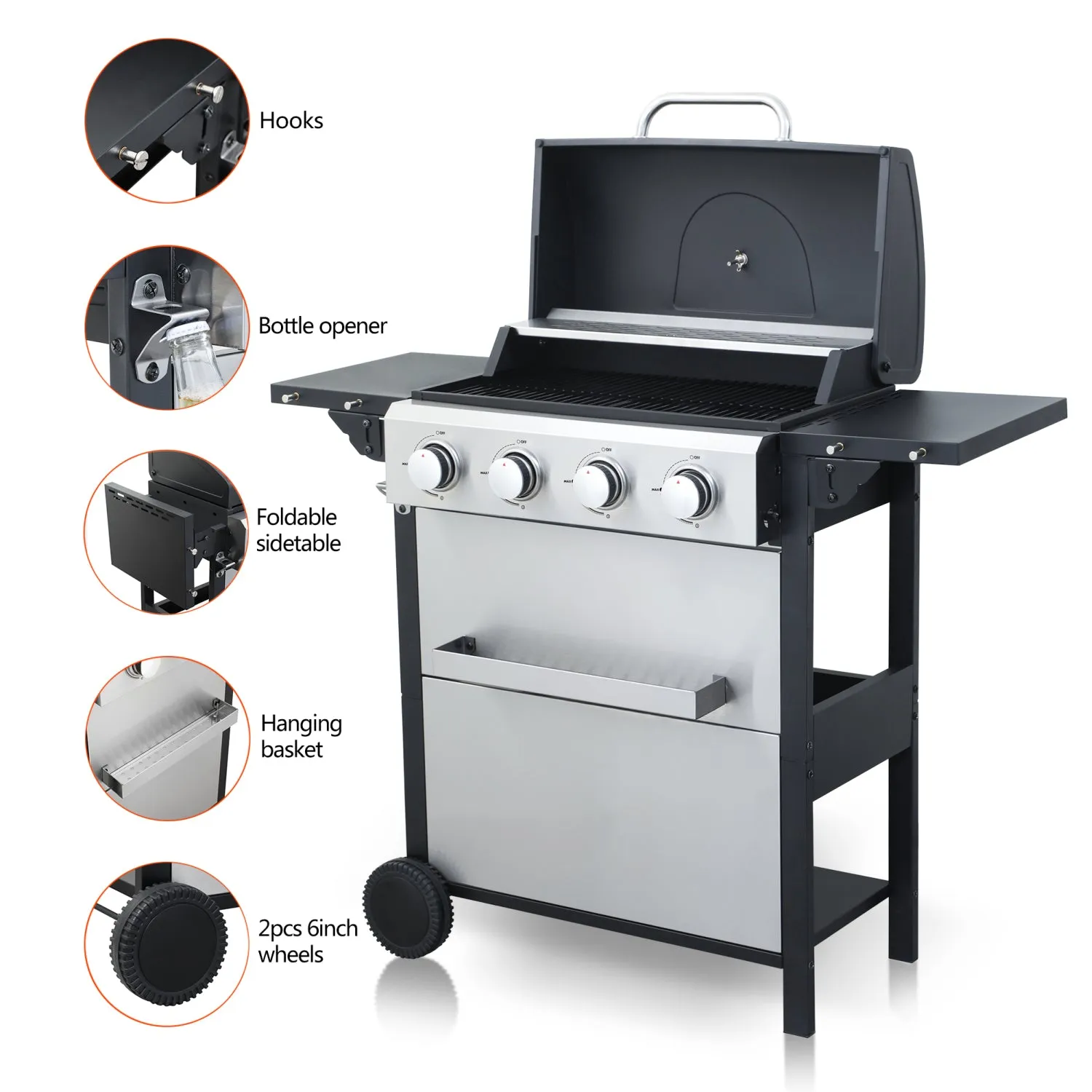 Streamdale 4-Burner Propane BBQ Grill, Foldable Table, Basket, Stainless Steel