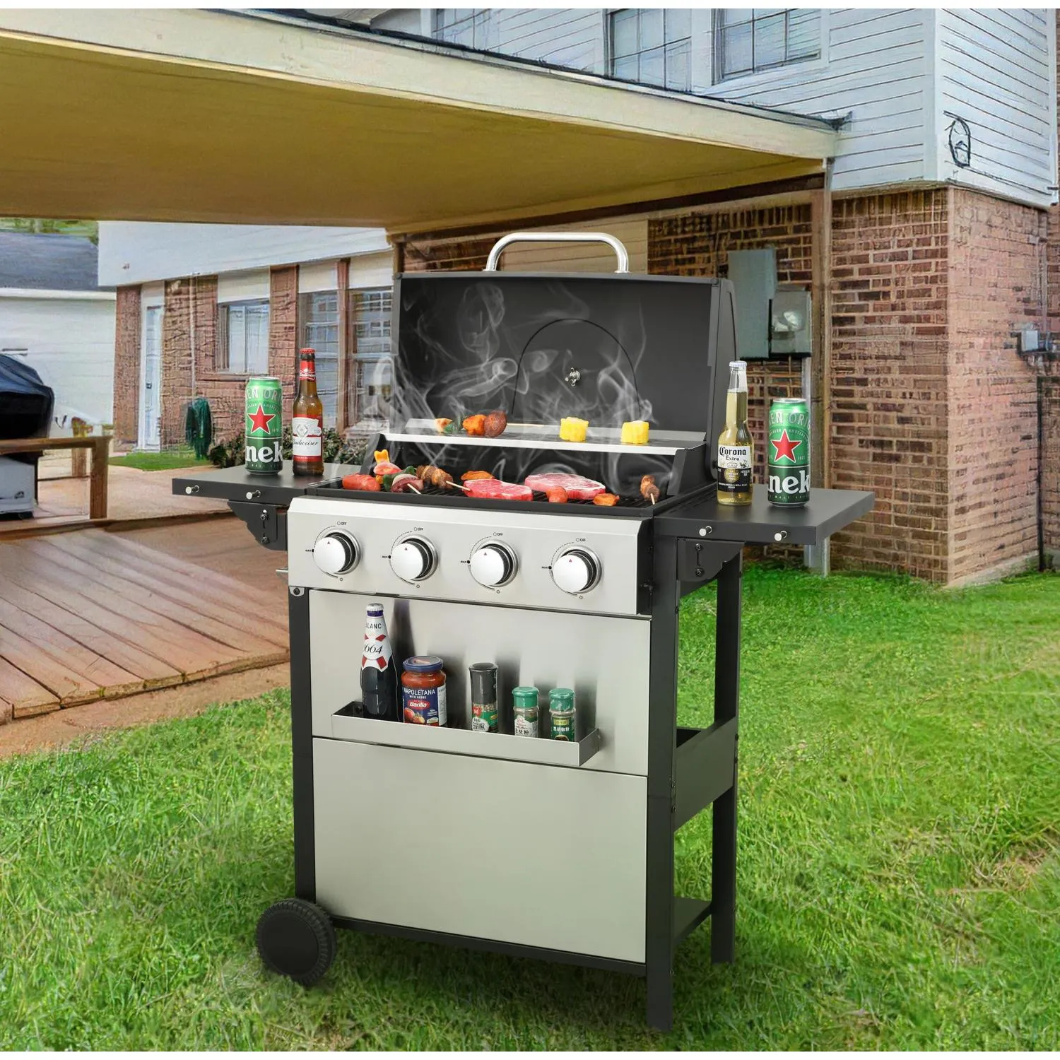 Streamdale 4-Burner Propane BBQ Grill, Foldable Table, Basket, Stainless Steel