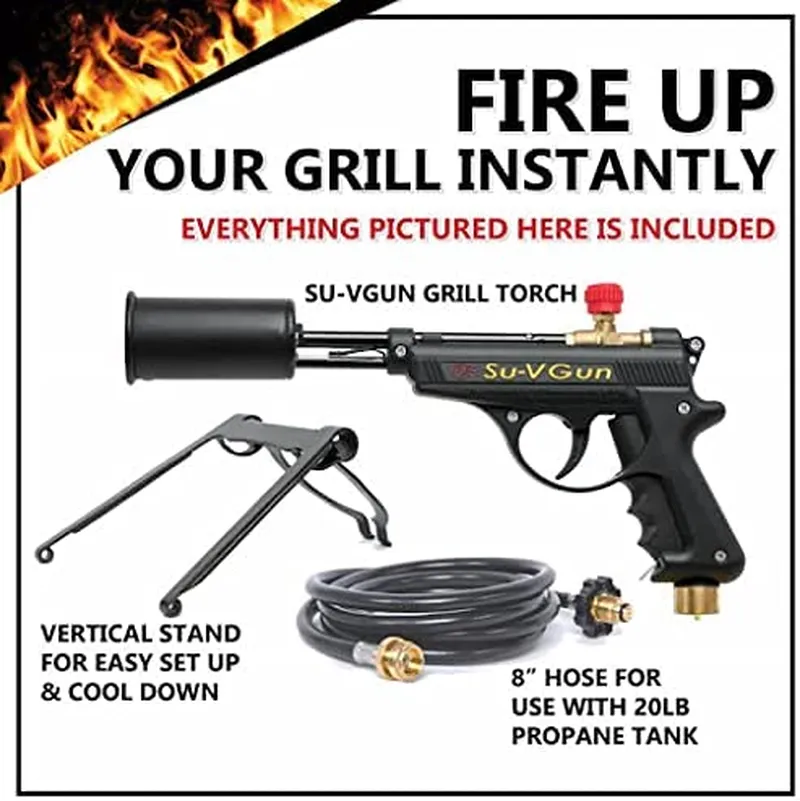 Su-Vgun Grill Torch Set - Charcoal Starter - Includes Propane Bottle Stand and 8” Hose - Professional Cooking, Grilling and BBQ Tool