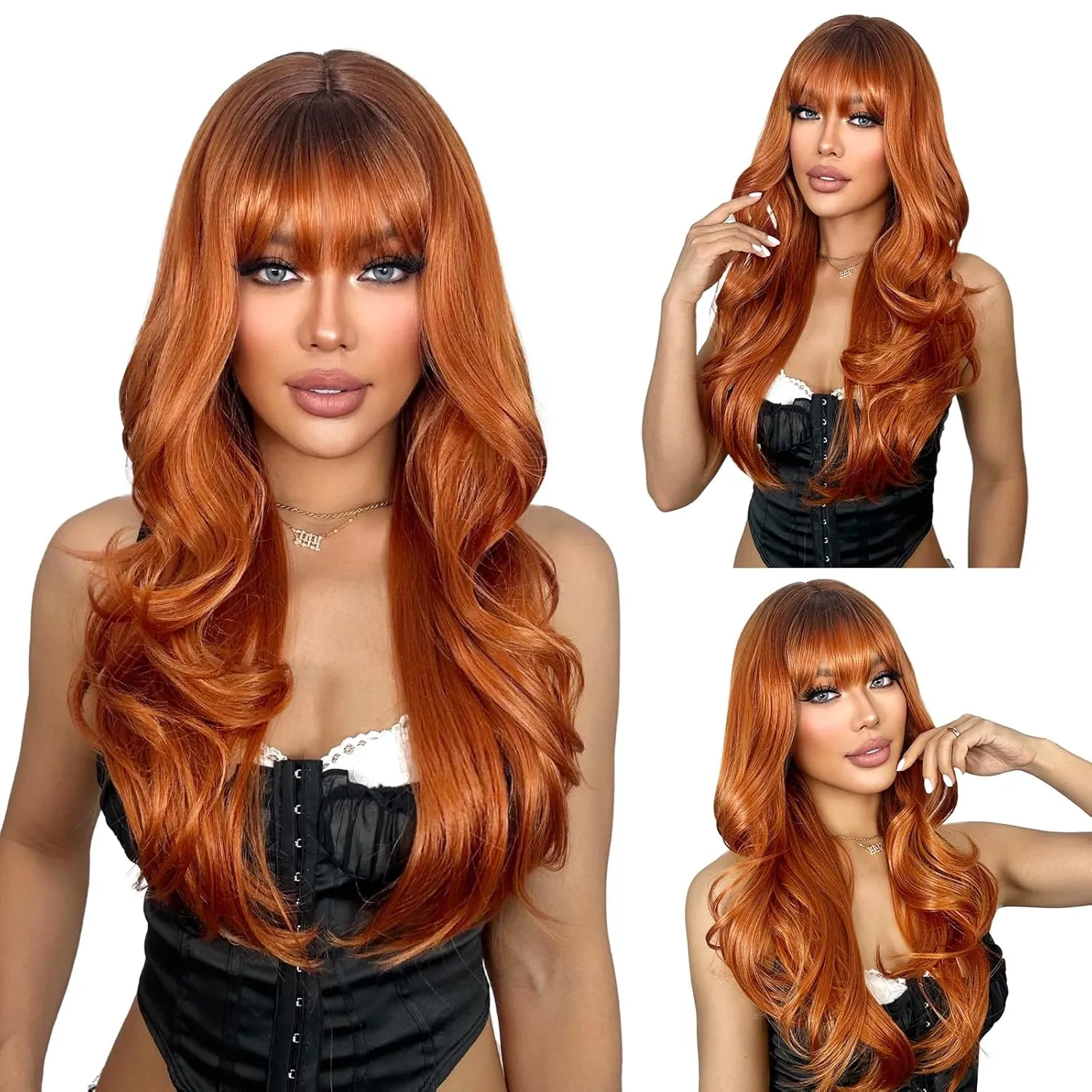 SUKRI Ginger Wig for Women 26 Inch Layered Ginger Orange Wigs with Bangs Long Wavy Synthetic Heat Resistant Wig for Daily Cosplay