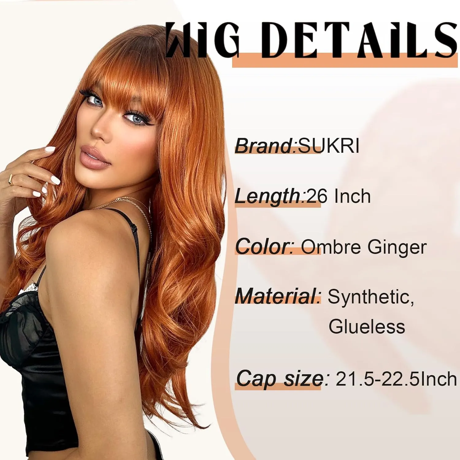 SUKRI Ginger Wig for Women 26 Inch Layered Ginger Orange Wigs with Bangs Long Wavy Synthetic Heat Resistant Wig for Daily Cosplay