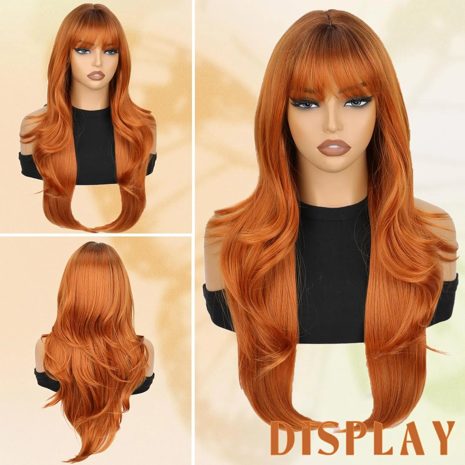 SUKRI Ginger Wig for Women 26 Inch Layered Ginger Orange Wigs with Bangs Long Wavy Synthetic Heat Resistant Wig for Daily Cosplay