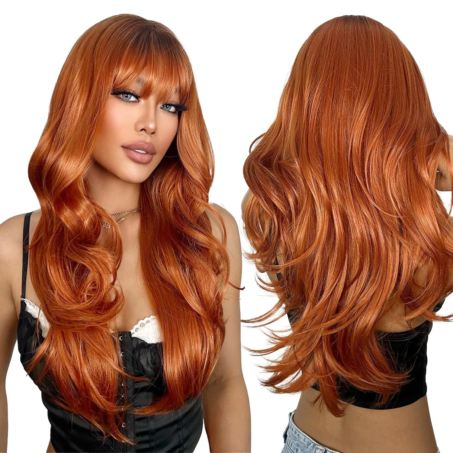 SUKRI Ginger Wig for Women 26 Inch Layered Ginger Orange Wigs with Bangs Long Wavy Synthetic Heat Resistant Wig for Daily Cosplay