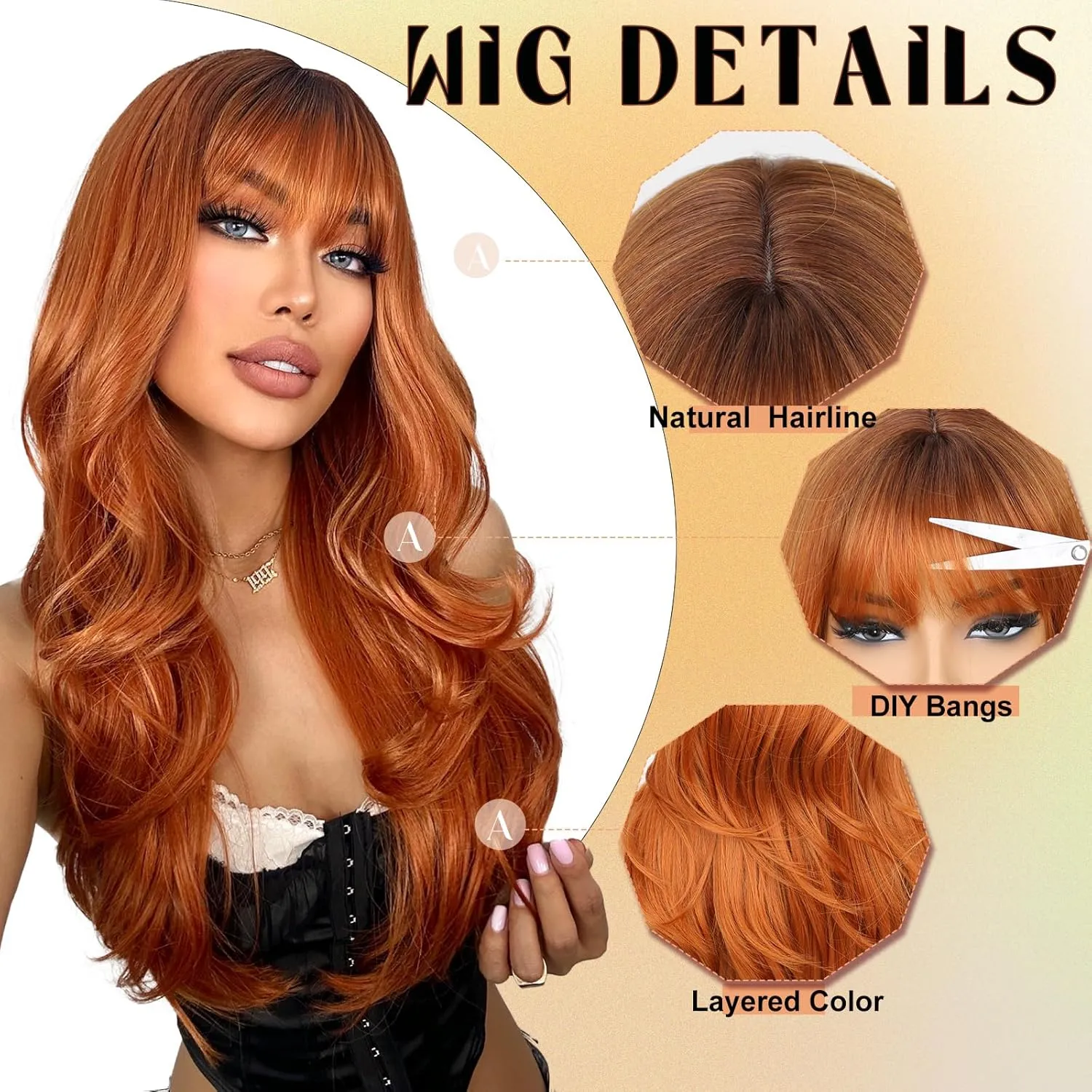 SUKRI Ginger Wig for Women 26 Inch Layered Ginger Orange Wigs with Bangs Long Wavy Synthetic Heat Resistant Wig for Daily Cosplay