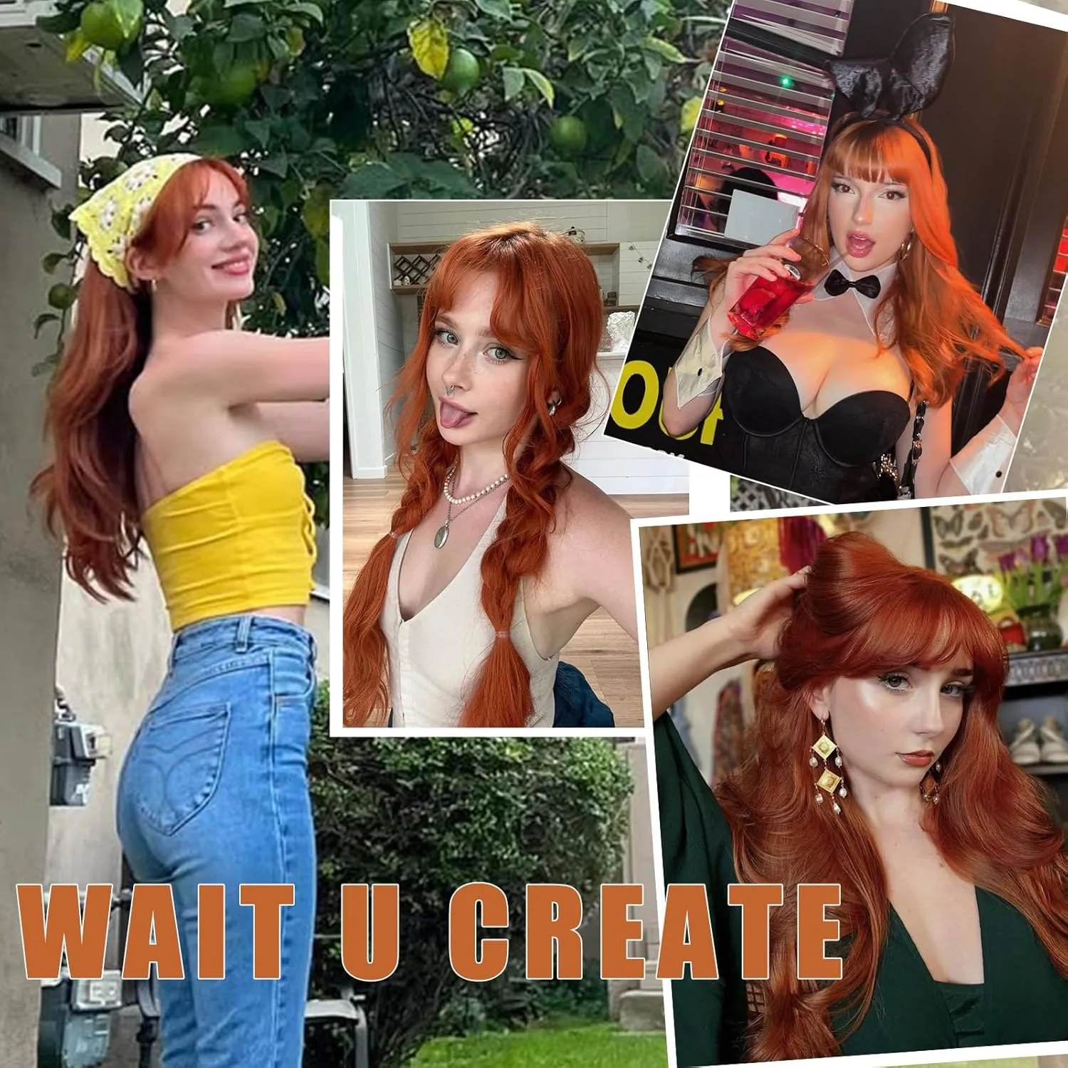 SUKRI Ginger Wig for Women 26 Inch Layered Ginger Orange Wigs with Bangs Long Wavy Synthetic Heat Resistant Wig for Daily Cosplay