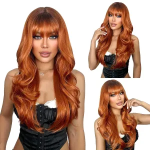 SUKRI Ginger Wig for Women 26 Inch Layered Ginger Orange Wigs with Bangs Long Wavy Synthetic Heat Resistant Wig for Daily Cosplay