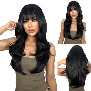 SUKRI Layered Wigs for Women 26 Inch Black Wig with Bangs,Realistic Heat Resistant Synthetic Hair for Daily Party Use