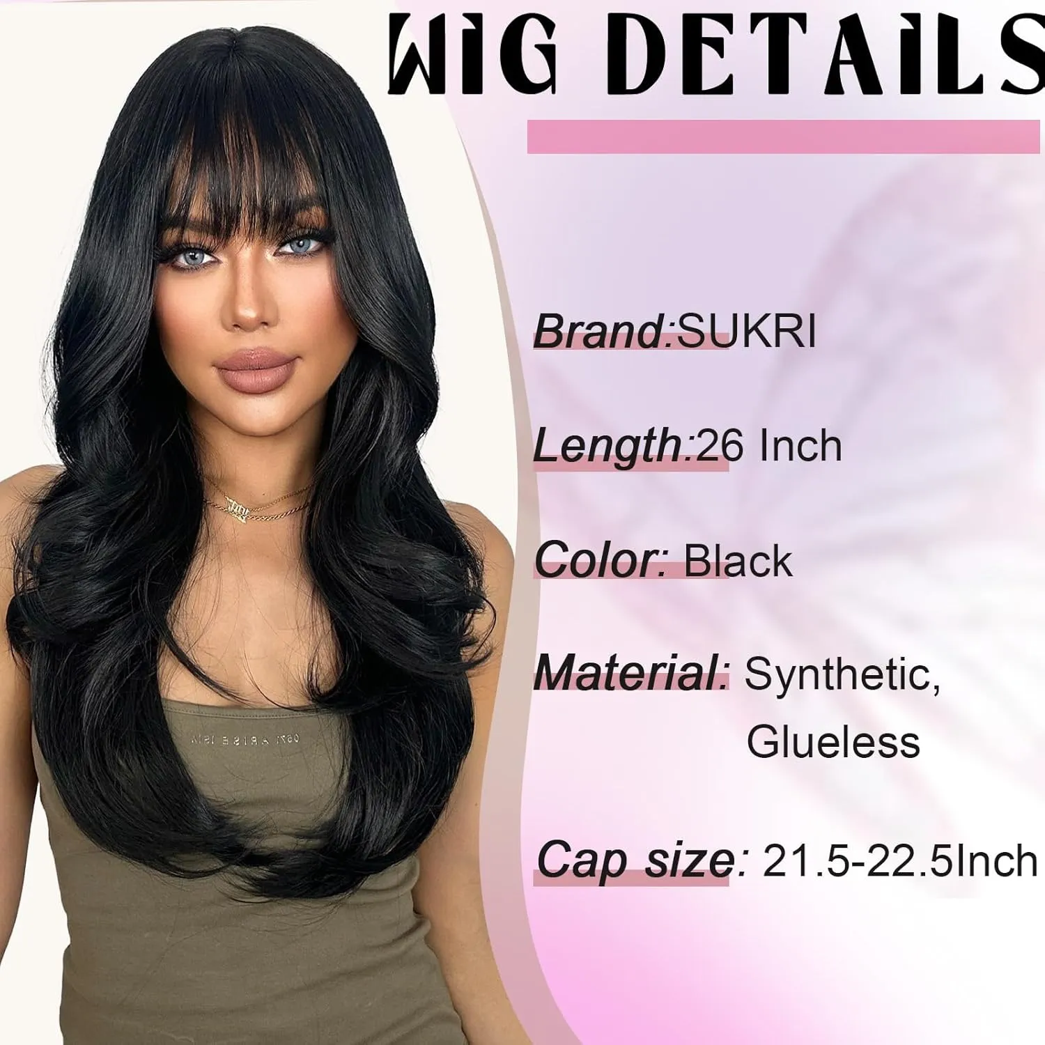 SUKRI Layered Wigs for Women 26 Inch Black Wig with Bangs,Realistic Heat Resistant Synthetic Hair for Daily Party Use