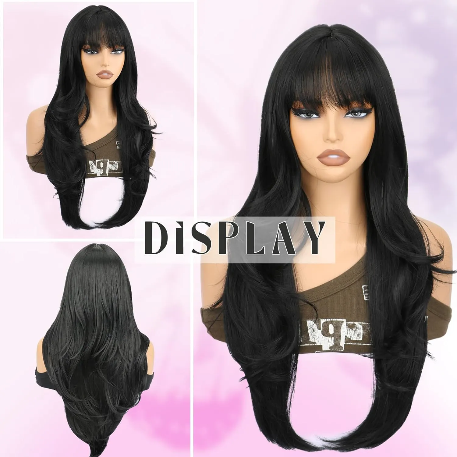 SUKRI Layered Wigs for Women 26 Inch Black Wig with Bangs,Realistic Heat Resistant Synthetic Hair for Daily Party Use