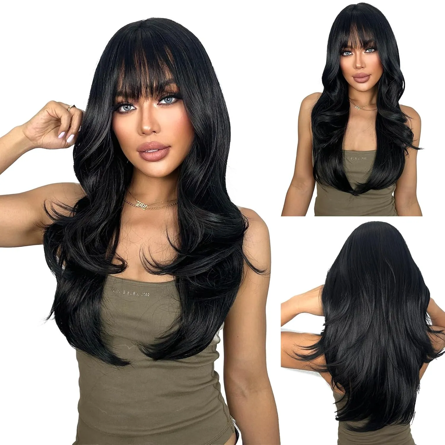 SUKRI Layered Wigs for Women 26 Inch Black Wig with Bangs,Realistic Heat Resistant Synthetic Hair for Daily Party Use