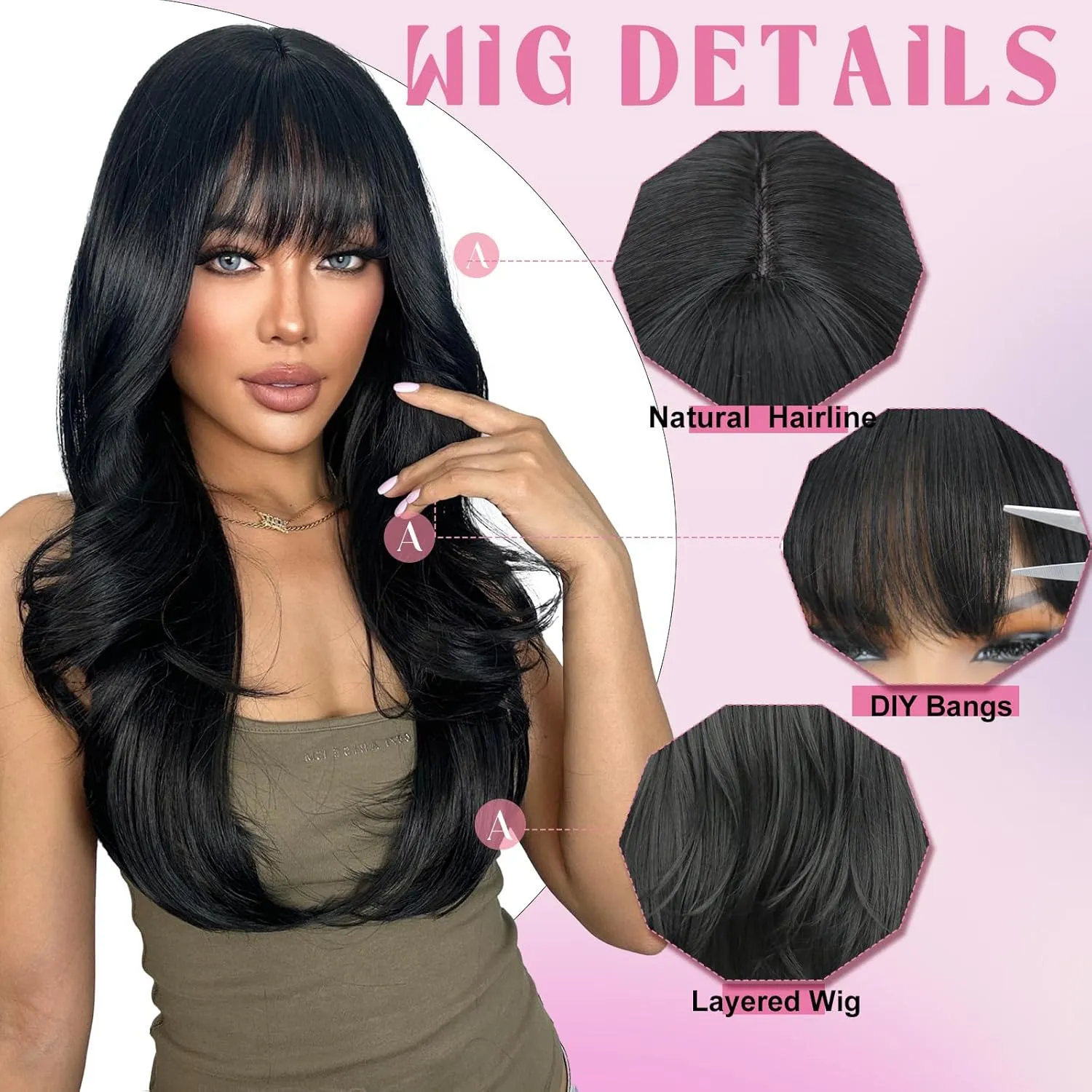 SUKRI Layered Wigs for Women 26 Inch Black Wig with Bangs,Realistic Heat Resistant Synthetic Hair for Daily Party Use