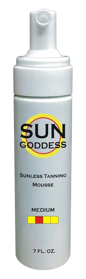 SUN GODDESS - Sunless Self Tanning Foam Mousse - MEDIUM - 7 oz   INCLUDES: Applicator Mitt, Application Gloves and Best Fake Tanner Lotion Spray Sample – Gorgeous, Natural Looking Tan Lasts 7 Days