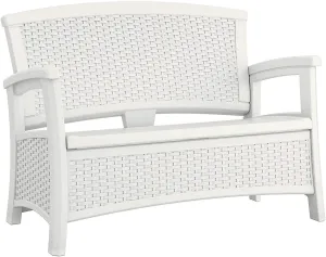 Suncast Elements Stylish Lightweight Loveseat Outdoor Seating with Convenient Built In Universal Storage, and All Weather Plastic, White
