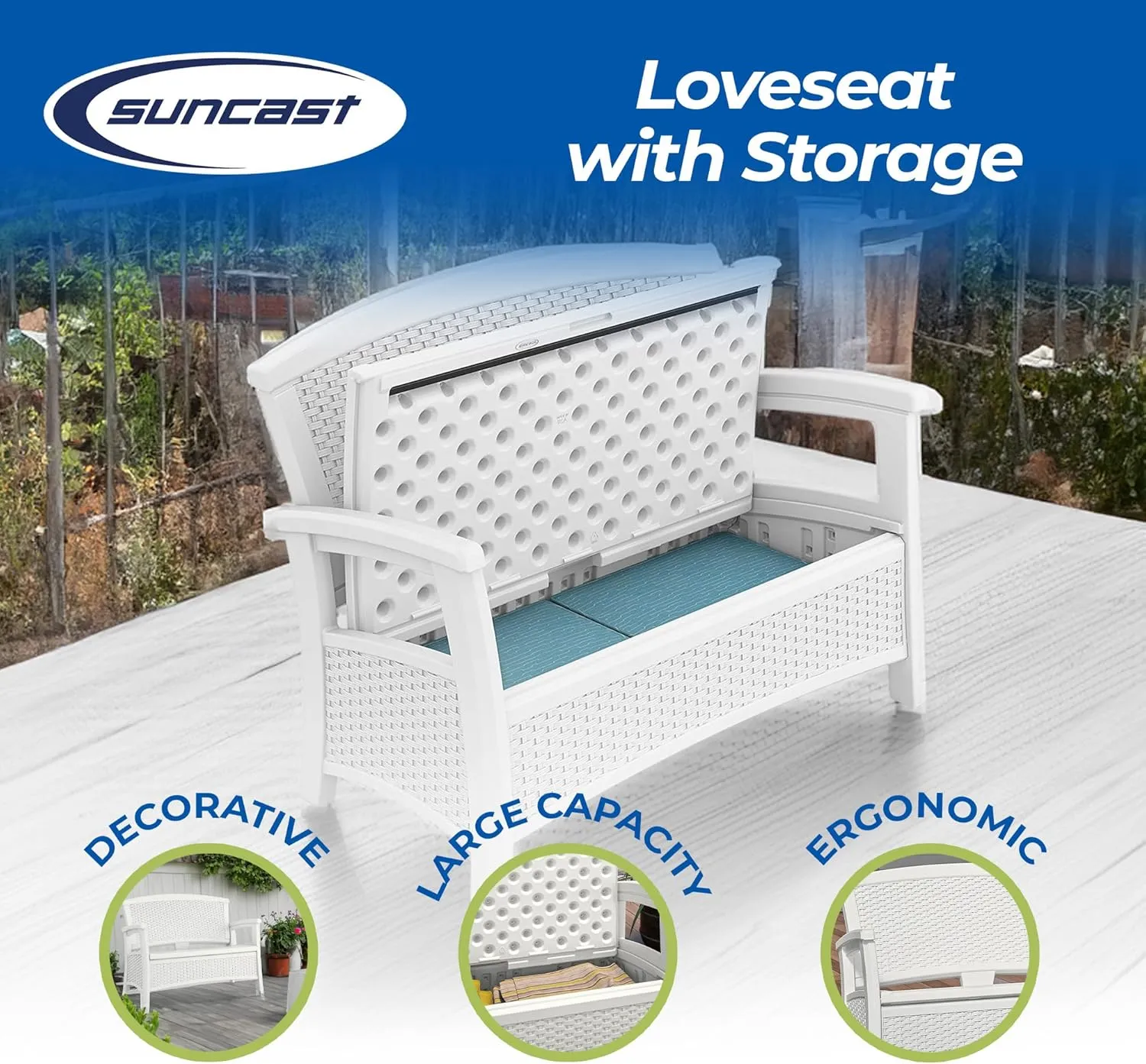 Suncast Elements Stylish Lightweight Loveseat Outdoor Seating with Convenient Built In Universal Storage, and All Weather Plastic, White