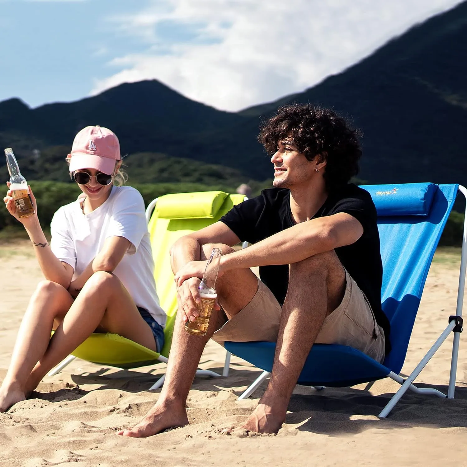 SunnyFeel Folding Low Beach Chair High Back Lightweight, Portable Sand Chair with Pillow for Adults Heavy Duty 300 LBS, Easy-to-Use Foldable Camping Chairs for Camp/Lawn/Outdoor/Travel/Picnic