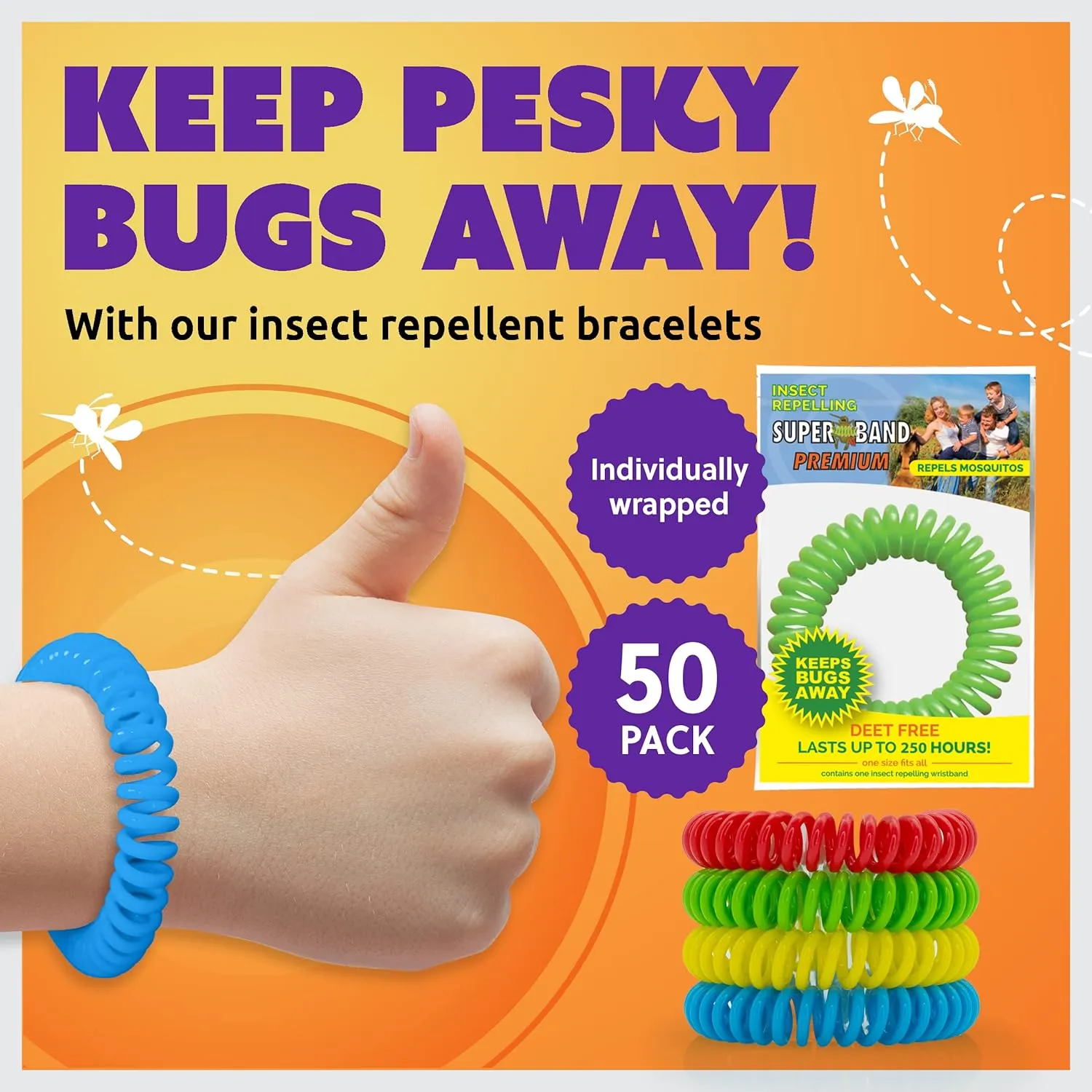 Superband Mosquito Repellent Bracelets for Adults & Kids - Pack of 50 - Long Lasting, Natural Bug and Insect Repellent Bracelet - Waterproof, Individually Wrapped, Deet-Free Bands - Neon