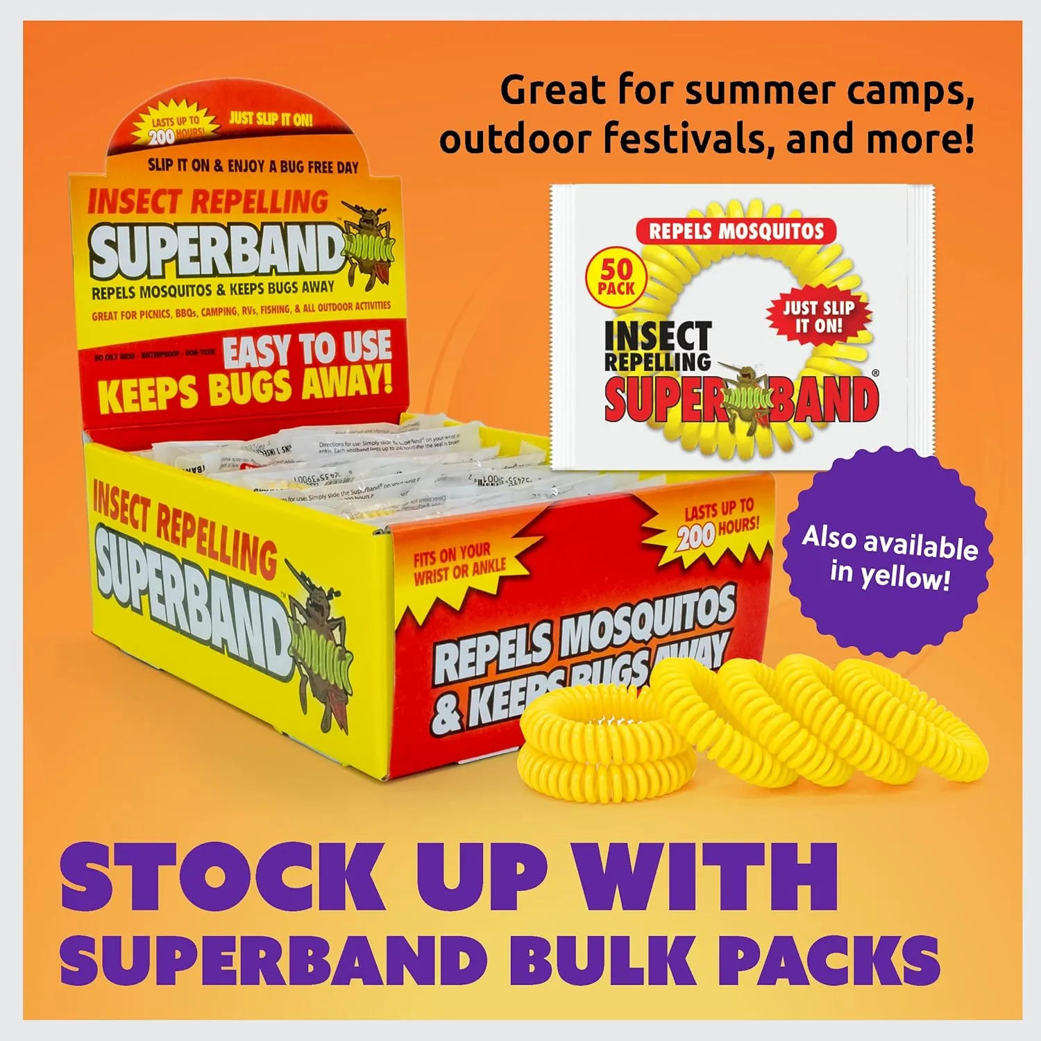 Superband Mosquito Repellent Bracelets for Adults & Kids - Pack of 50 - Long Lasting, Natural Bug and Insect Repellent Bracelet - Waterproof, Individually Wrapped, Deet-Free Bands - Neon