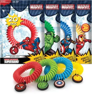 SUPERBAND Premium Marvel Mosquito Repellent Bracelet (20 Pack) - for Kids & Adults - Insect & Bug Repellent Band - DEET Free & Waterproof - Individually Wrapped - One Size Fits All