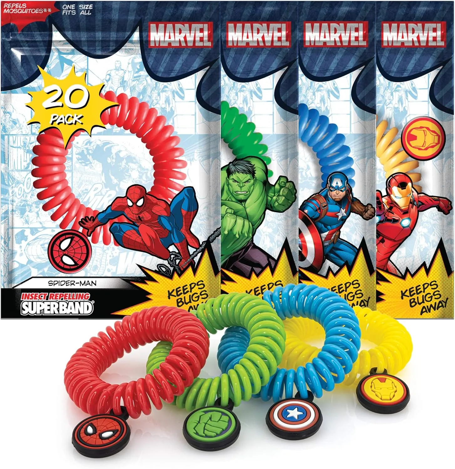 SUPERBAND Premium Marvel Mosquito Repellent Bracelet (20 Pack) - for Kids & Adults - Insect & Bug Repellent Band - DEET Free & Waterproof - Individually Wrapped - One Size Fits All