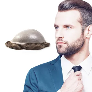 Superhairpieces NM101B Long-Lasting Men's Toupee Hairpiece for Men, 0.2mm thin 7"x9" PU Skin with 100-110% Natural Indian Remy Human Hair Toupee Wig for Men (Medium Light Brown)