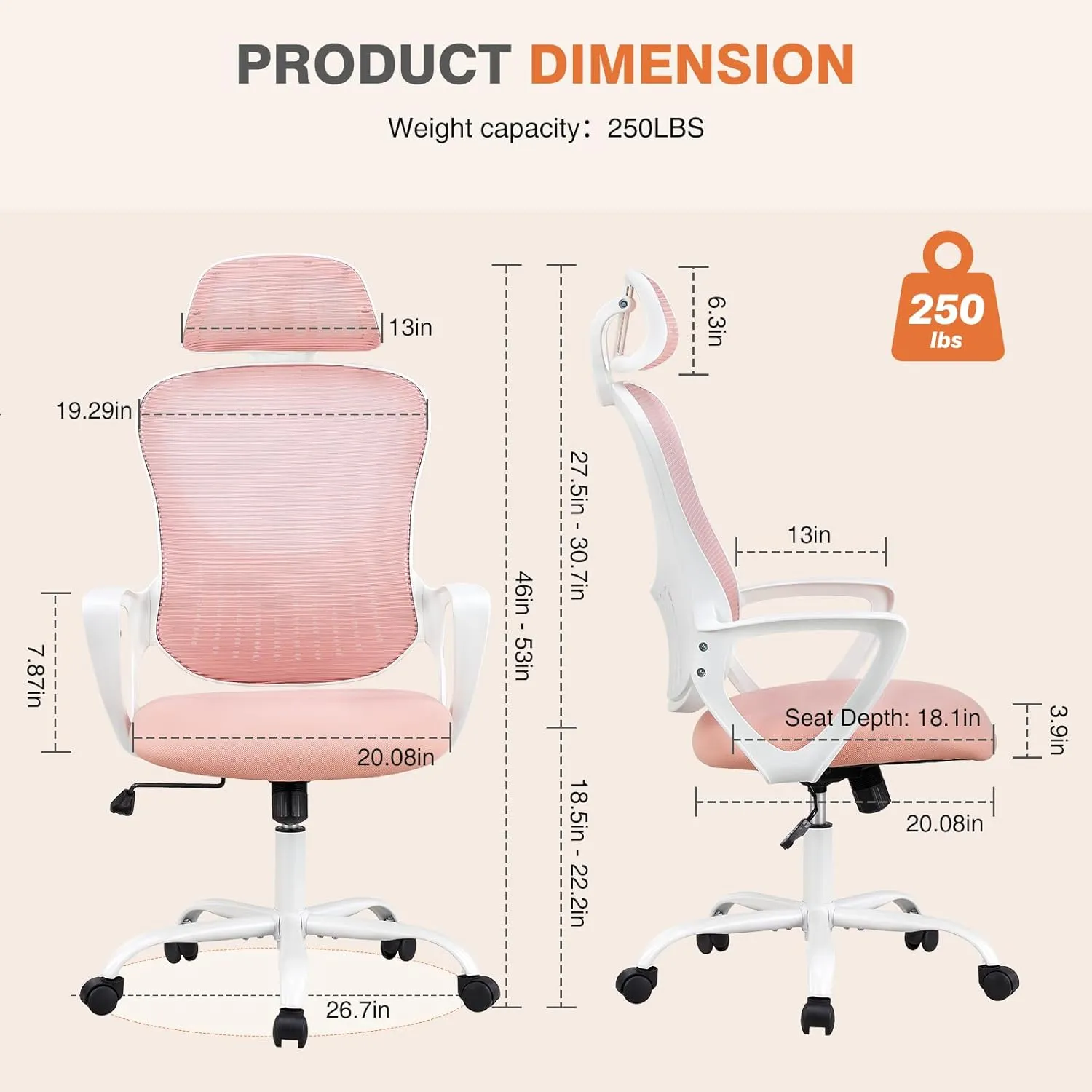 Sweetcrispy Office Computer Desk Chair, Ergonomic High-Back Mesh Rolling Work Chairs with Wheels and Adjustable Headrests, Comfortable Lumbar Support, Comfy Armrest for Home, Bedroom, Study, Pink
