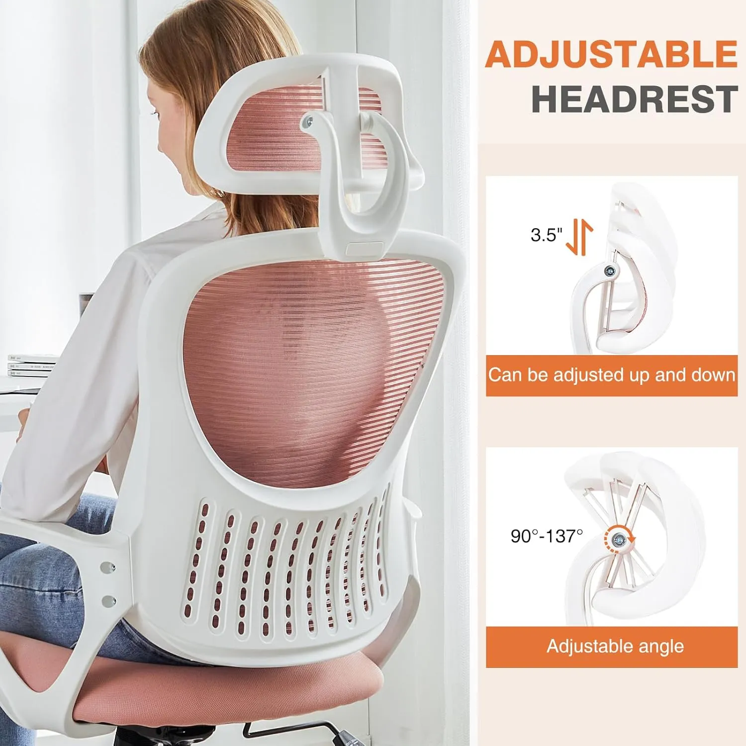 Sweetcrispy Office Computer Desk Chair, Ergonomic High-Back Mesh Rolling Work Chairs with Wheels and Adjustable Headrests, Comfortable Lumbar Support, Comfy Armrest for Home, Bedroom, Study, Pink