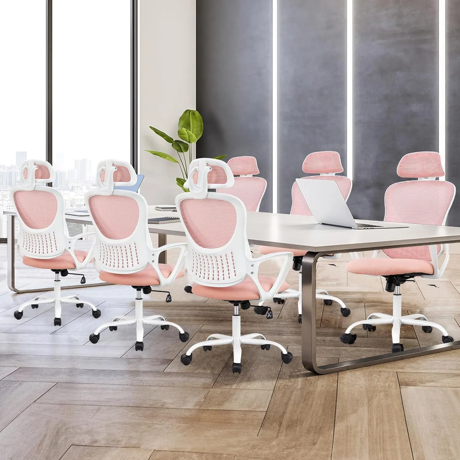 Sweetcrispy Office Computer Desk Chair, Ergonomic High-Back Mesh Rolling Work Chairs with Wheels and Adjustable Headrests, Comfortable Lumbar Support, Comfy Armrest for Home, Bedroom, Study, Pink