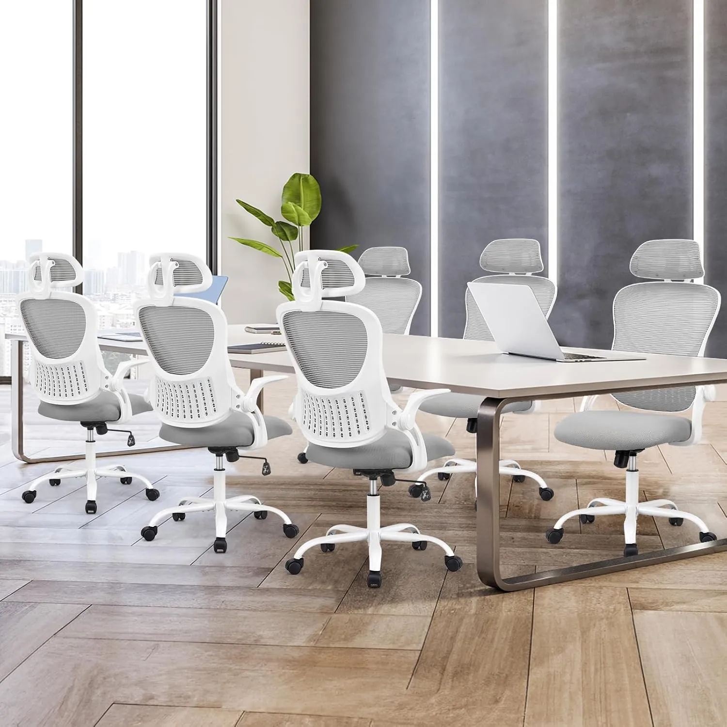 Sweetcrispy Office Computer Desk Chair, Ergonomic High-Back Mesh Rolling Work Chairs with Wheels and Adjustable Headrests, Comfortable Lumbar Support, Comfy Flip-up Arms for Home,Bedroom,Study, Grey
