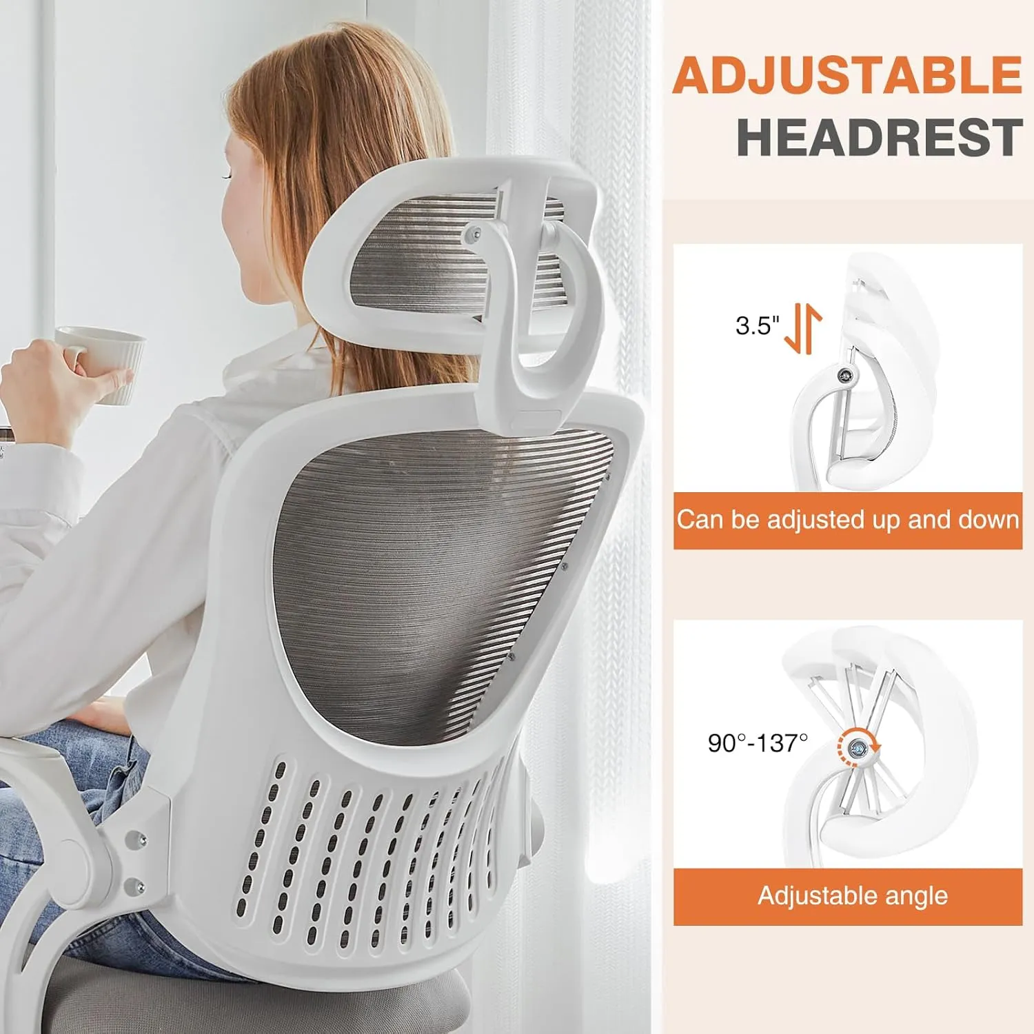 Sweetcrispy Office Computer Desk Chair, Ergonomic High-Back Mesh Rolling Work Chairs with Wheels and Adjustable Headrests, Comfortable Lumbar Support, Comfy Flip-up Arms for Home,Bedroom,Study, Grey