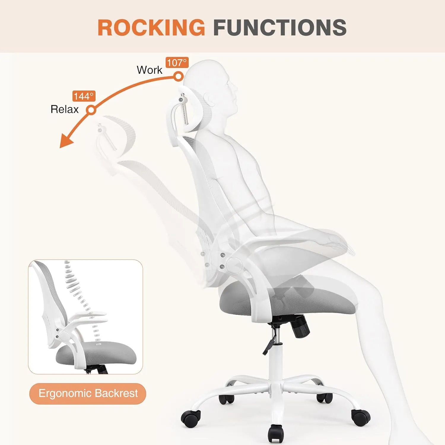 Sweetcrispy Office Computer Desk Chair, Ergonomic High-Back Mesh Rolling Work Chairs with Wheels and Adjustable Headrests, Comfortable Lumbar Support, Comfy Flip-up Arms for Home,Bedroom,Study, Grey
