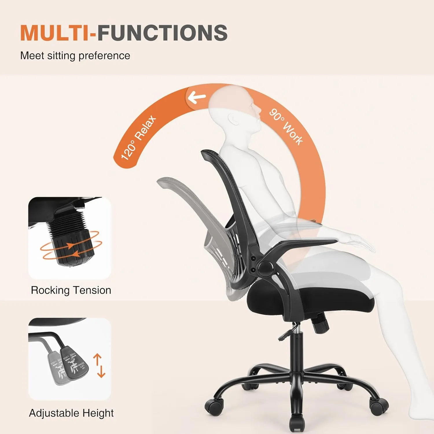 Sweetcrispy Office Computer Desk Chair, Ergonomic Mid-Back Mesh Rolling Work Swivel Task Chairs with Wheels, Comfortable Lumbar Support, Comfy Flip-up Arms for Home, Bedroom, Study, Student, Black
