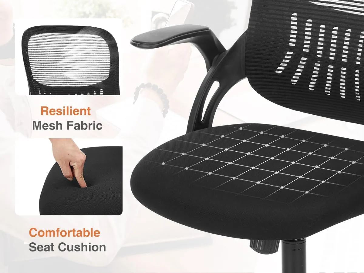 Sweetcrispy Office Computer Desk Chair, Ergonomic Mid-Back Mesh Rolling Work Swivel Task Chairs with Wheels, Comfortable Lumbar Support, Comfy Flip-up Arms for Home, Bedroom, Study, Student, Black