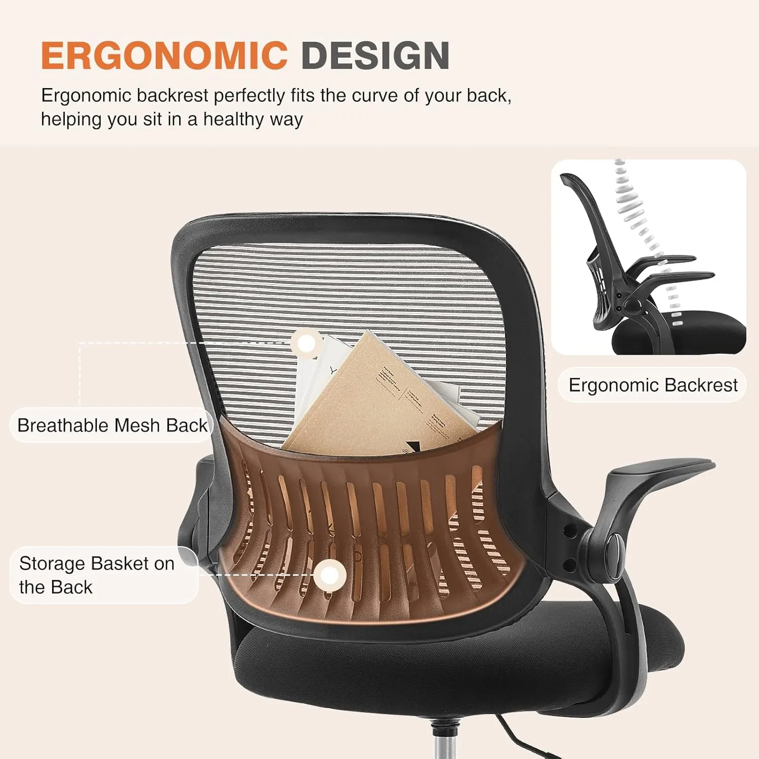 Sweetcrispy Office Computer Desk Chair, Ergonomic Mid-Back Mesh Rolling Work Swivel Task Chairs with Wheels, Comfortable Lumbar Support, Comfy Flip-up Arms for Home, Bedroom, Study, Student, Black