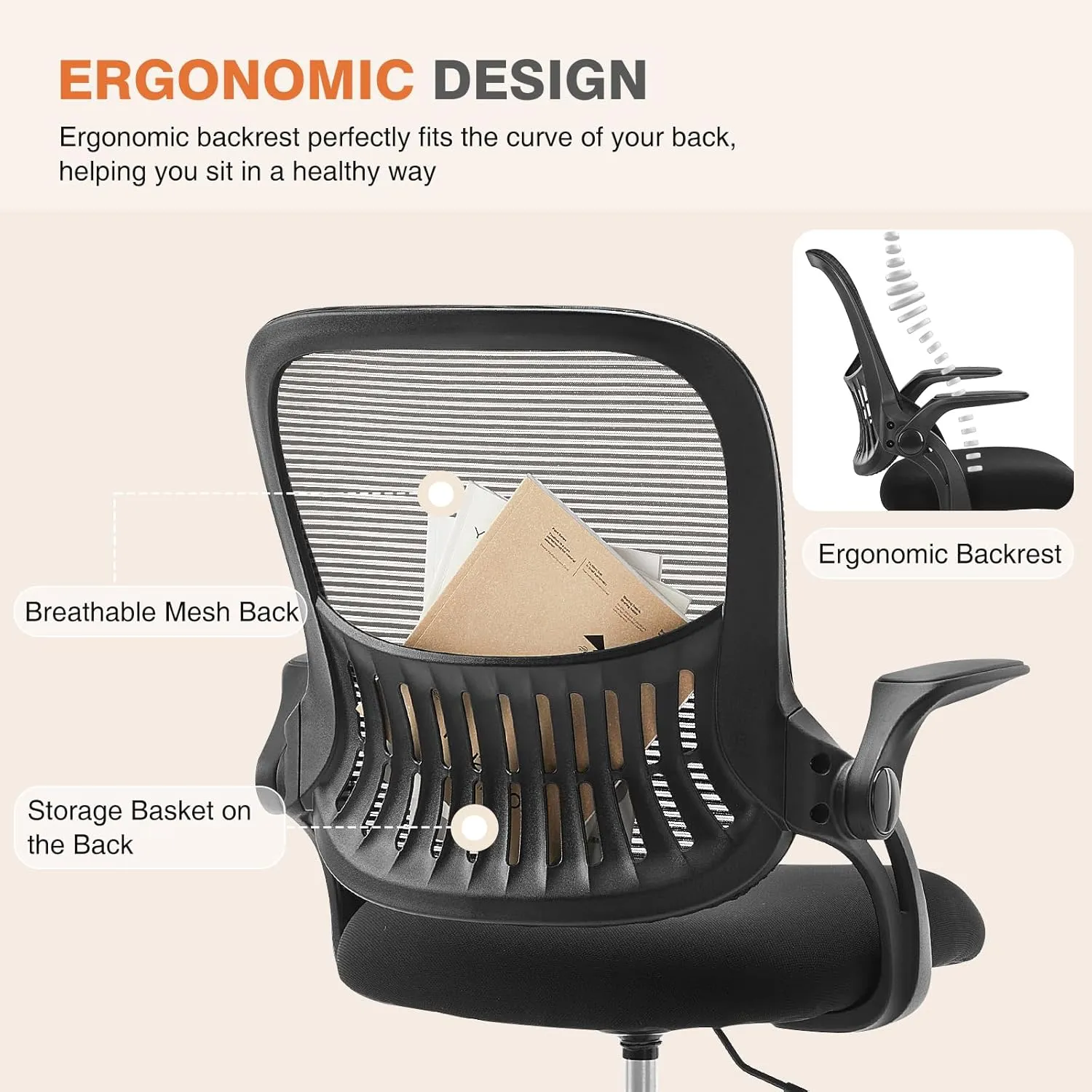 Sweetcrispy Office Computer Desk Chair, Ergonomic Mid-Back Mesh Rolling Work Swivel Task Chairs with Wheels, Comfortable Lumbar Support, Comfy Flip-up Arms for Home, Bedroom, Study, Student, Black