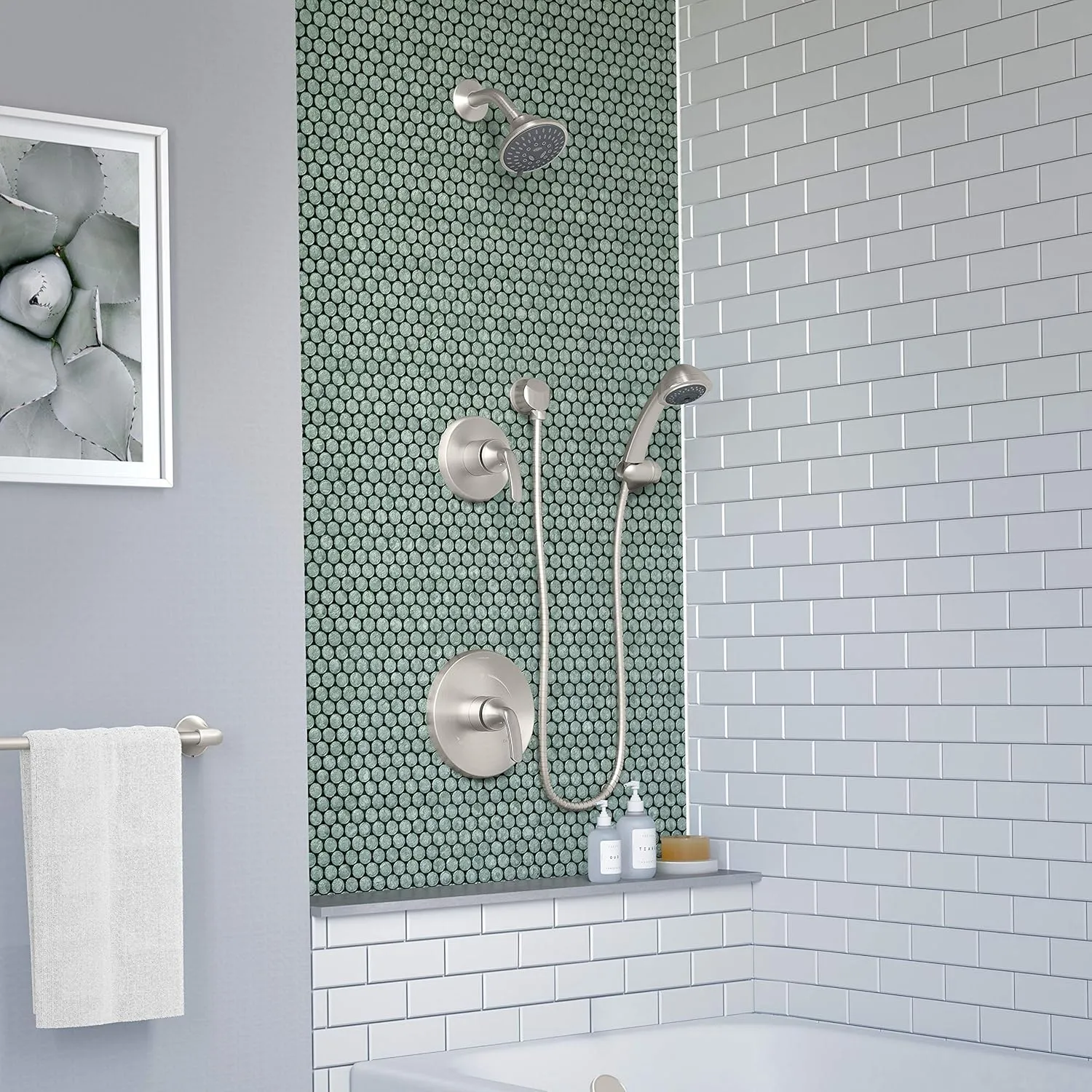 Symmons 5505-STN-1.5-TRM Elm 2-Handle 5-Spray Shower Trim with 3-Spray Hand Shower in Satin Nickel (Valves Not Included)