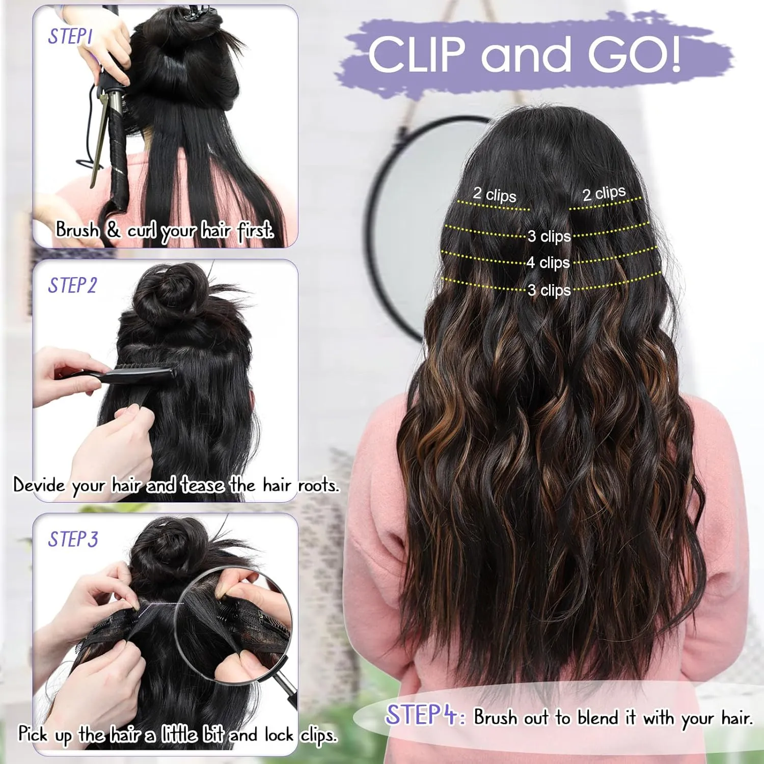 Synthetic Clip in Hair Extensions 20 Inch 5Pcs Dark Brown Long Wavy Thick Hairpieces Double Weft Natural Hair Extensions for Women