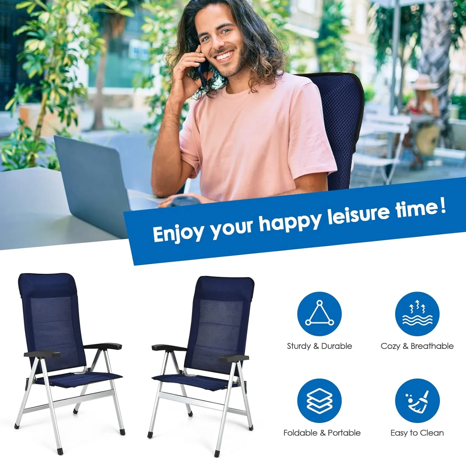 Tangkula Set of 2 Patio Folding Chairs, Portable Reclining Chairs with 7-Position Adjustable Back & Padded Headrest, Outdoor Indoor High Back Chaise Lounge Armchair for Poolside, Yard, Lawn, Navy