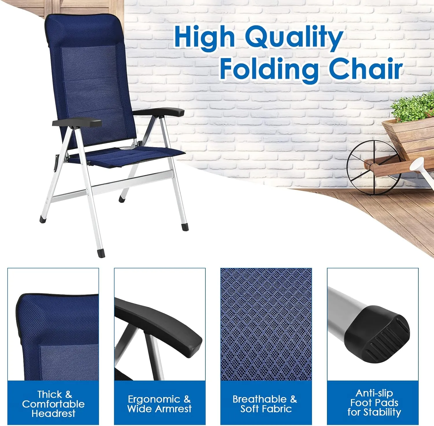 Tangkula Set of 2 Patio Folding Chairs, Portable Reclining Chairs with 7-Position Adjustable Back & Padded Headrest, Outdoor Indoor High Back Chaise Lounge Armchair for Poolside, Yard, Lawn, Navy