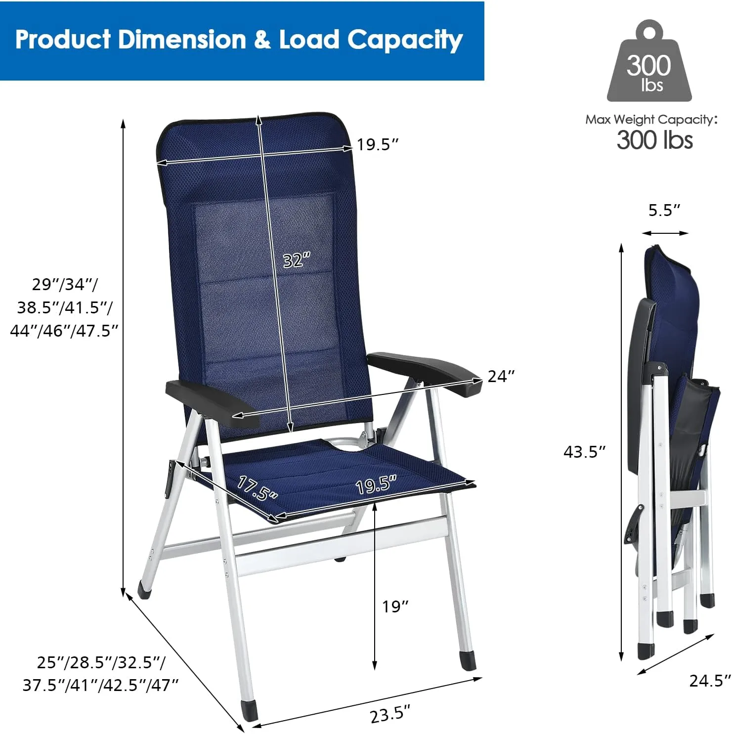 Tangkula Set of 2 Patio Folding Chairs, Portable Reclining Chairs with 7-Position Adjustable Back & Padded Headrest, Outdoor Indoor High Back Chaise Lounge Armchair for Poolside, Yard, Lawn, Navy