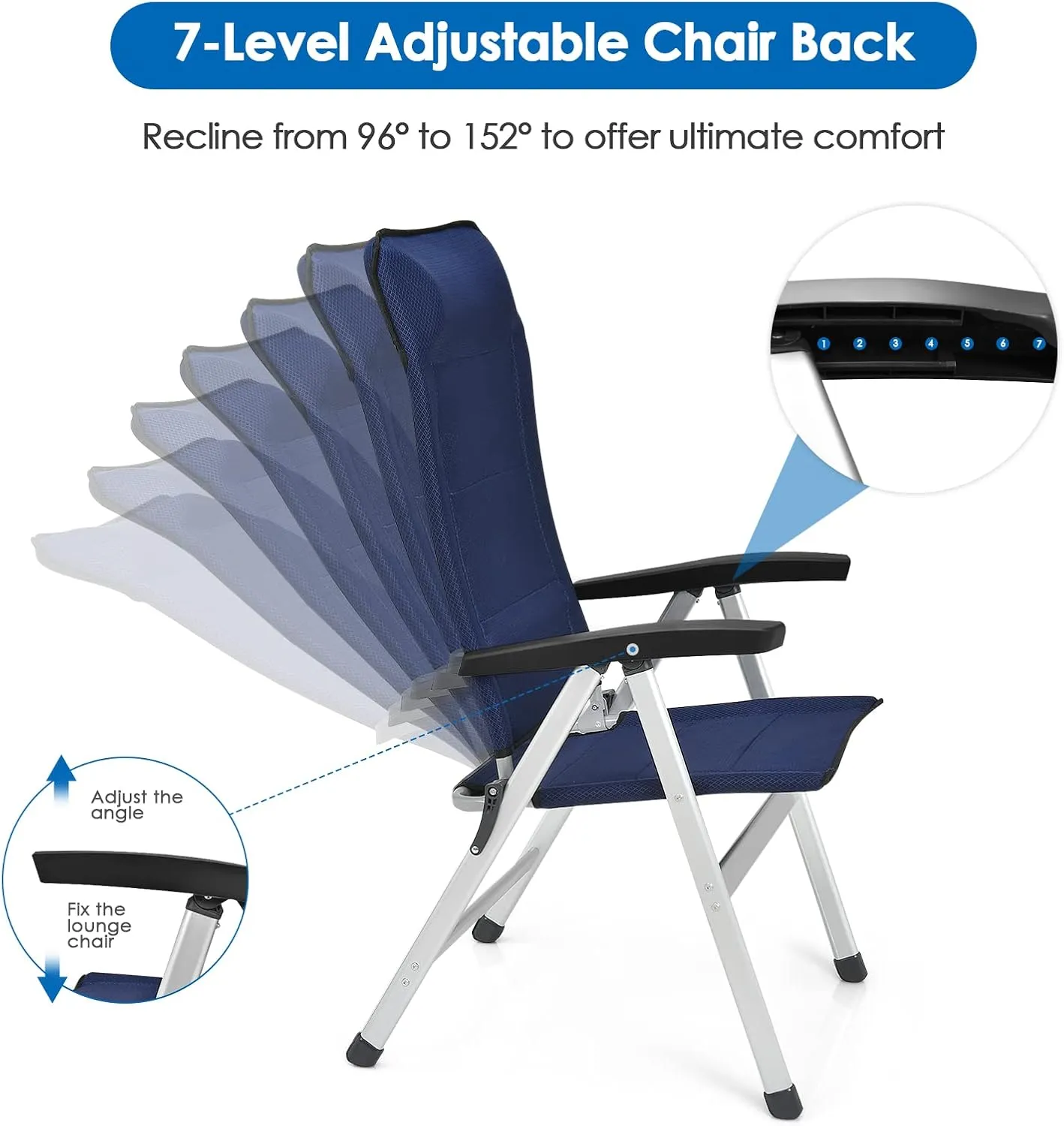 Tangkula Set of 2 Patio Folding Chairs, Portable Reclining Chairs with 7-Position Adjustable Back & Padded Headrest, Outdoor Indoor High Back Chaise Lounge Armchair for Poolside, Yard, Lawn, Navy