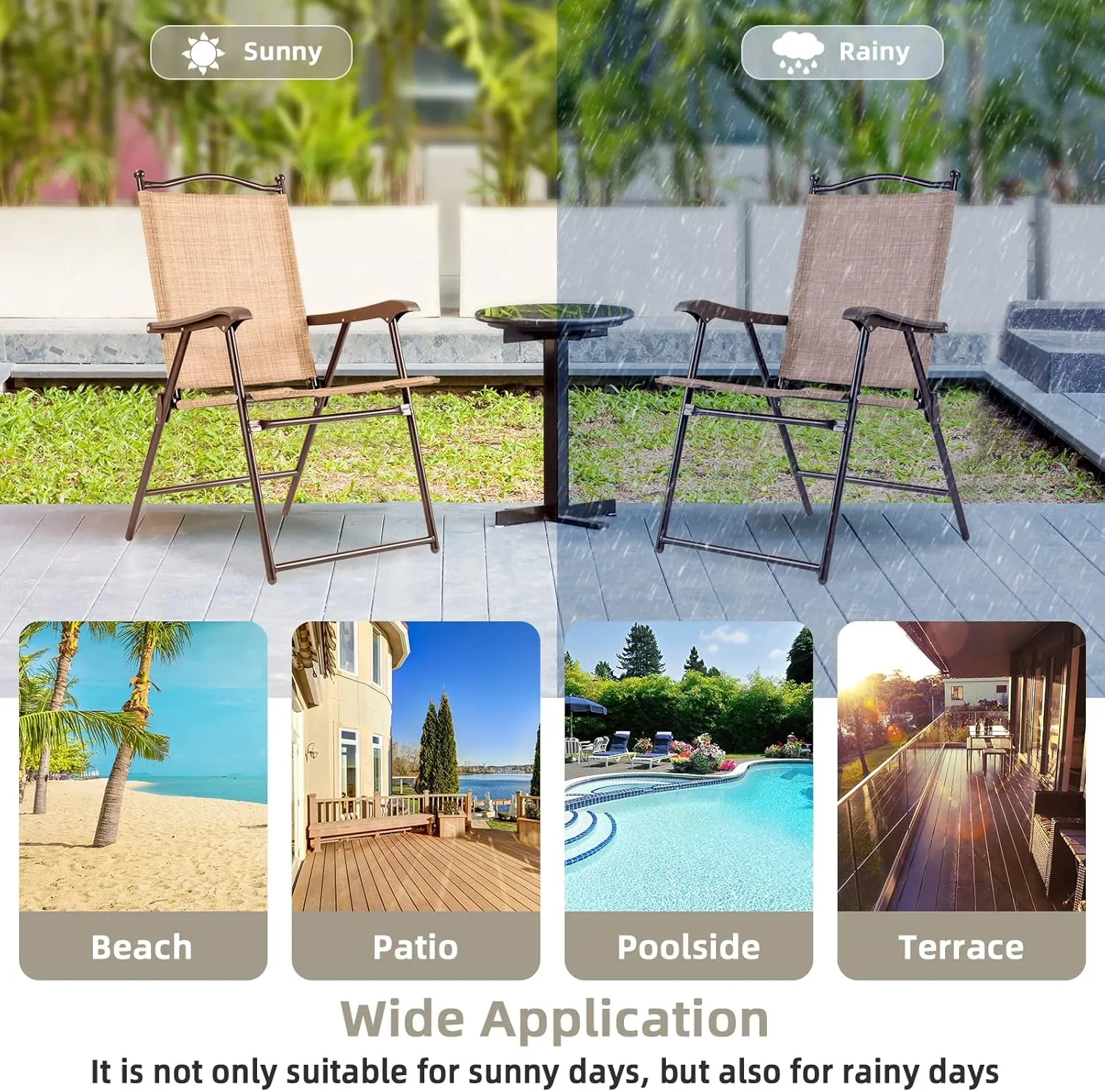 Tangkula Set of 2 Patio Folding Dining Chairs, Outdoor Sling Lawn Chairs with Armrests, Steel Frame, Portable Camping Lounge Chairs for Backyard, Deck, Poolside and Garden, No Assembly (1, Beige)