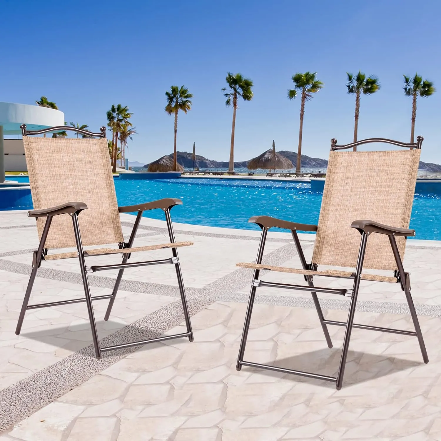 Tangkula Set of 2 Patio Folding Dining Chairs, Outdoor Sling Lawn Chairs with Armrests, Steel Frame, Portable Camping Lounge Chairs for Backyard, Deck, Poolside and Garden, No Assembly (1, Beige)