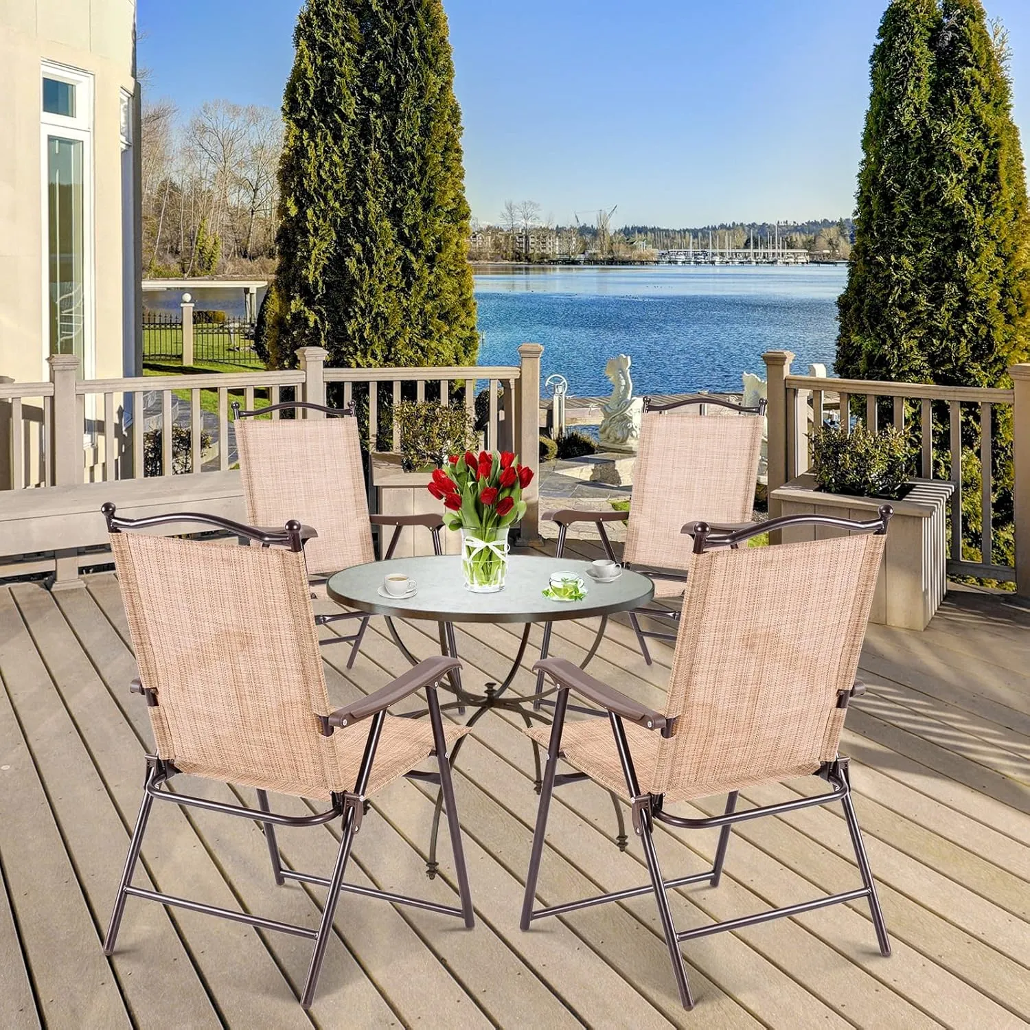Tangkula Set of 2 Patio Folding Dining Chairs, Outdoor Sling Lawn Chairs with Armrests, Steel Frame, Portable Camping Lounge Chairs for Backyard, Deck, Poolside and Garden, No Assembly (1, Beige)