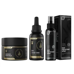 The Beard Struggle Beard & Hair Heat Protectant Spray, Warrior’s Beard Balm & Day Liquid Tonic Beard Oil Bundle Nourishes & Revitalizes Beard Hair - Gold Collection - Asgardian Secret